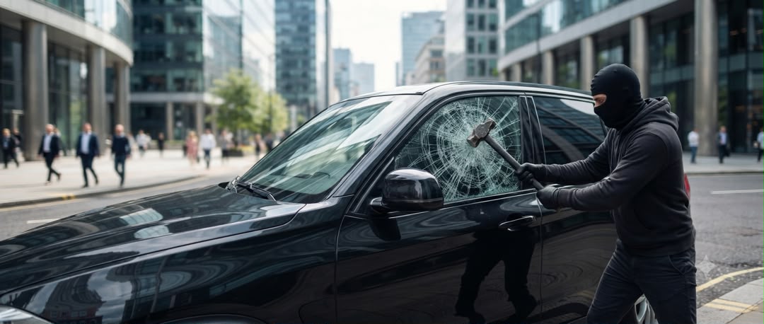 Close view of fortified vehicle window with security film